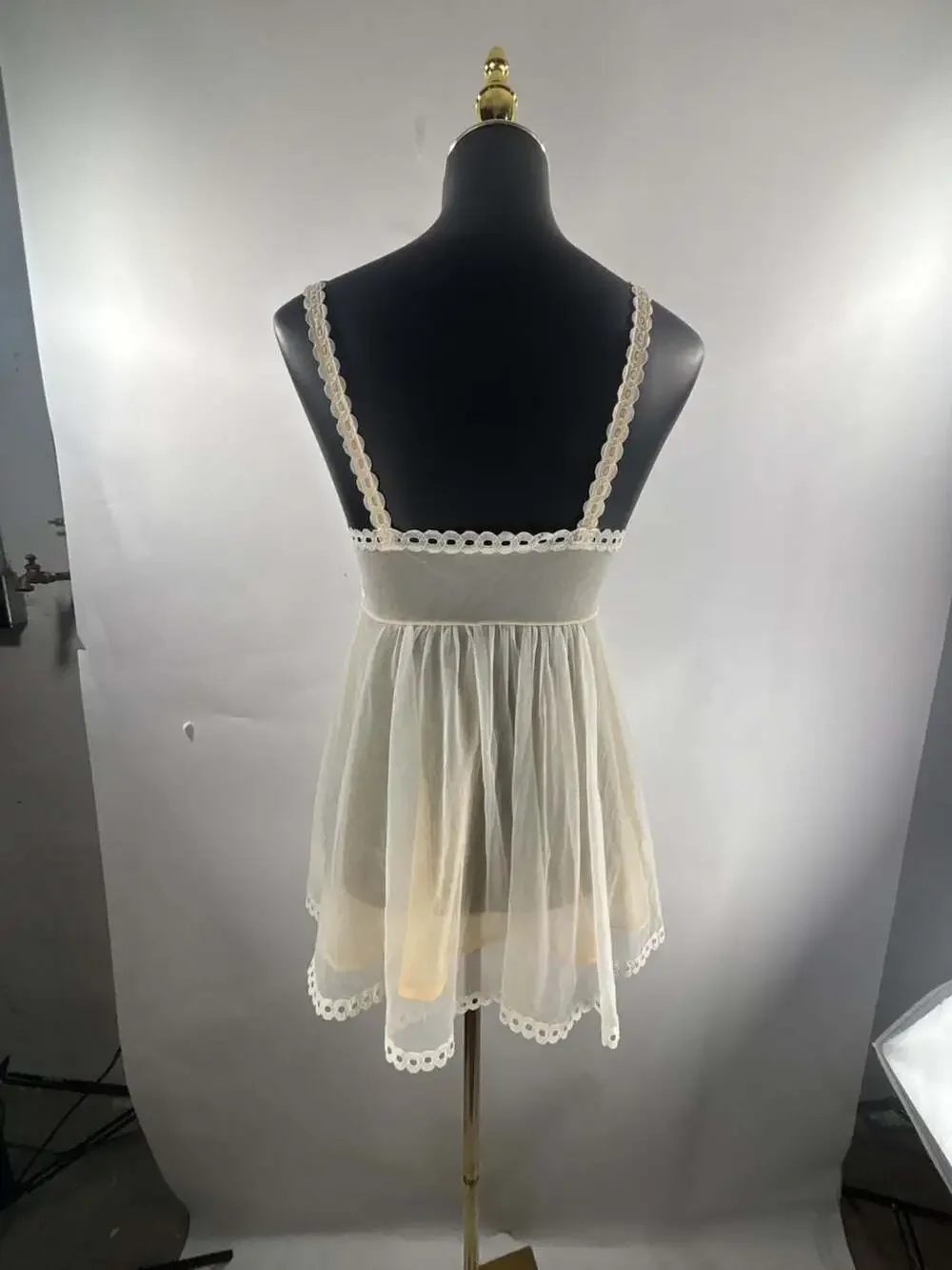Vintage White Sheer Lace Trim Babydoll Slip Dress